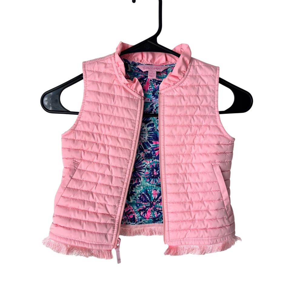 Lilly Pulitzer Girls Pink Puffer Vest Floral Lining Ruffle Fringe Size S 4-5